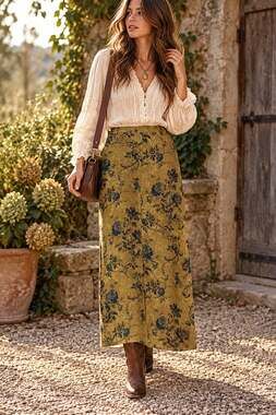 Vintage 90s Floral Tapestry Print Maxi Skirt Country Cottage Western Prairie S